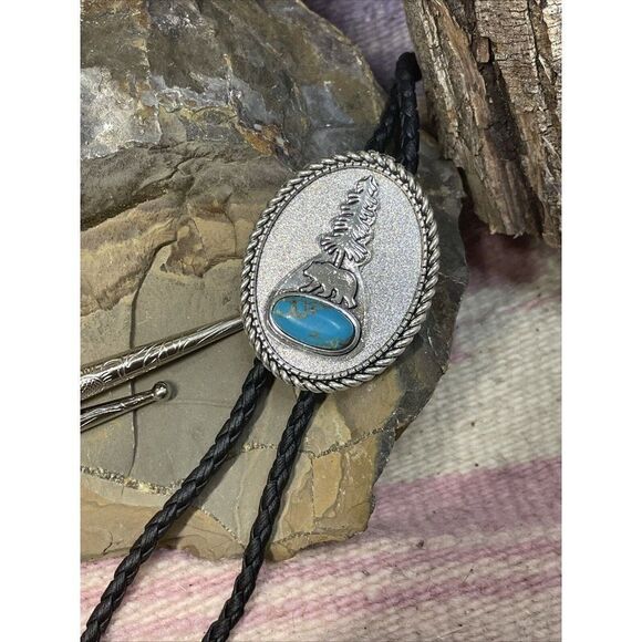TURQUOISE BEAR SILVER BOLO LARIAT Y NECKLACE MENS WOMENS MOM DAD GIFT WESTERN - Picture 9 of 16